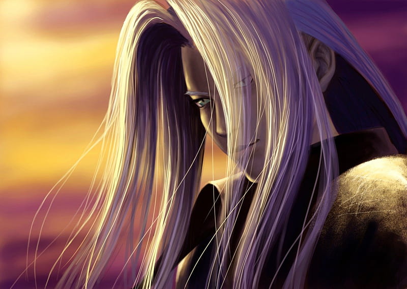 Sephiroth, cg, guy, white hair, video game, game, anime, hot, final fantasy, realistic, long hair, male, sexy, boy, 3d, cool, dark, silver hair, HD wallpaper