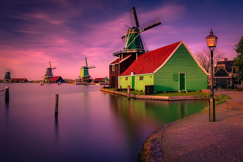 Windmills and such, nature, houses, dusk, beauty, lake, barn, , windmills, stillness, calm, evening, HD wallpaper