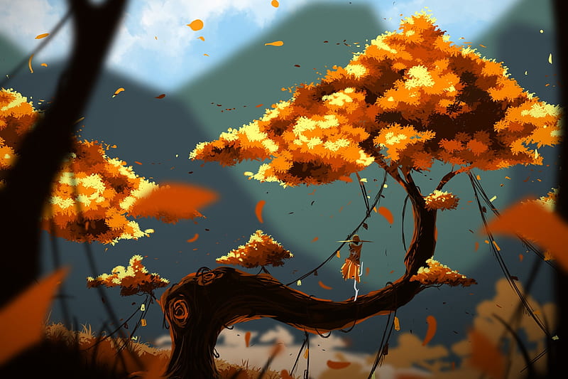 Autumn, orange, art, fantasy, tree, luminos, hinkos eigeiter, HD wallpaper