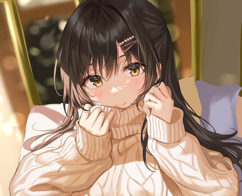 cute anime girl, sweater, brown hair, moe anime girl, blushes, Anime, HD wallpaper