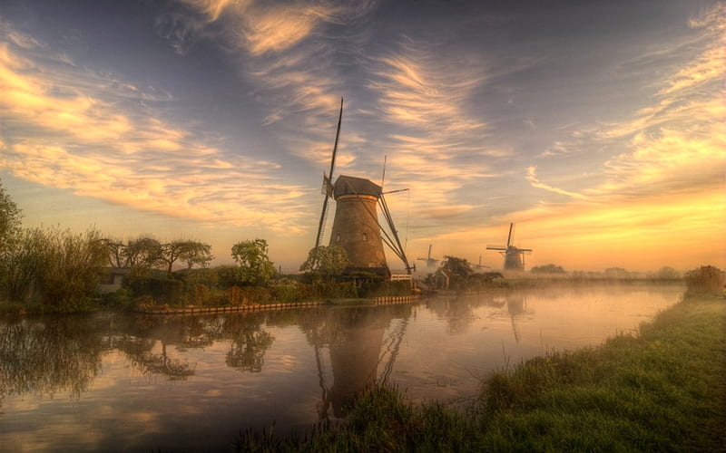 Dutch Landscape, Netherlands, windmills, Holland, canal, landscape, HD wallpaper