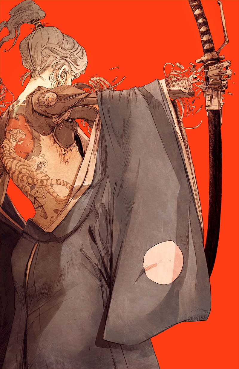samurai, cybernetics, women, katana, tattoo, broken, red background, tiger, HD phone wallpaper