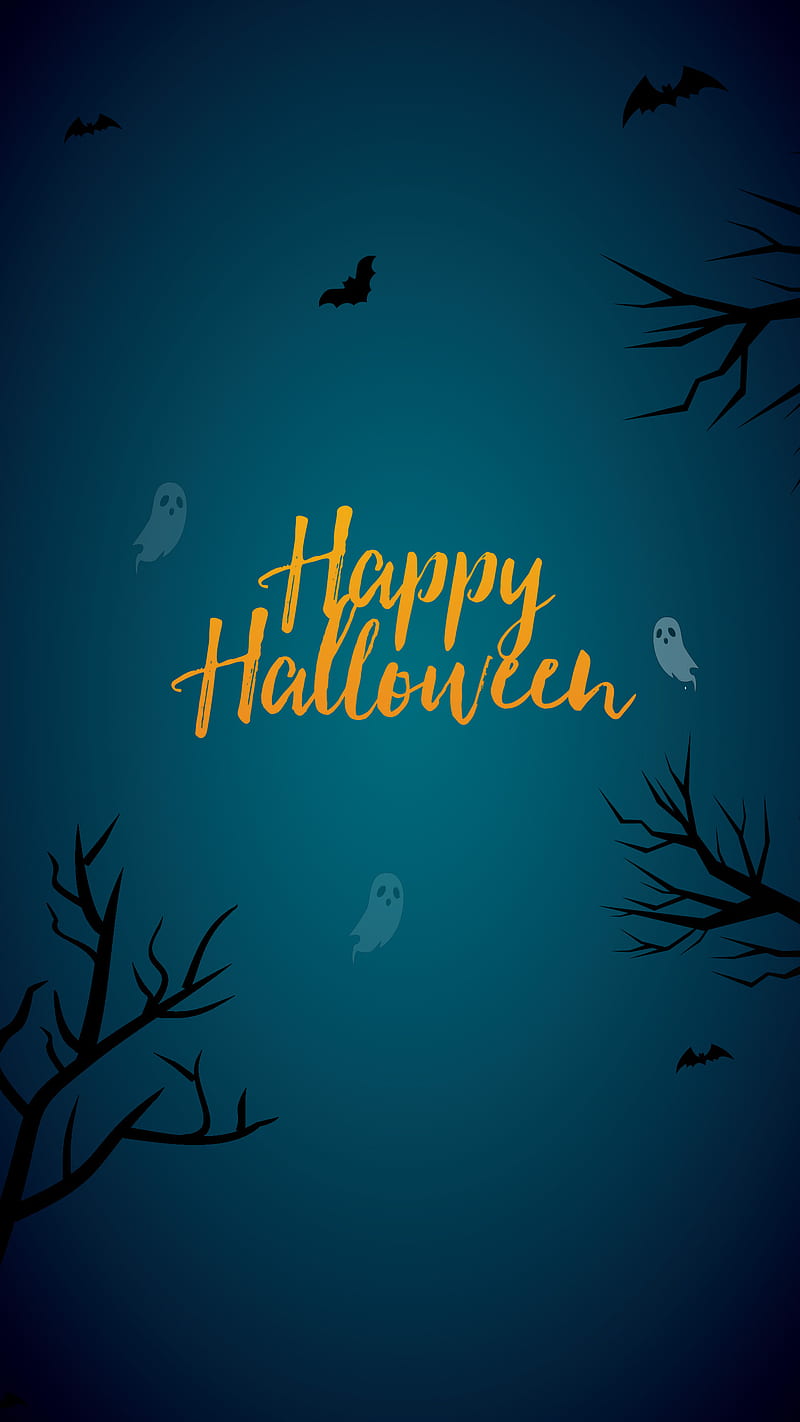 Happy Halloween simple, October 31, autumn, blue, fool moon, ghost, pumpkin, scarecrow, scary, trick or treat, HD phone wallpaper