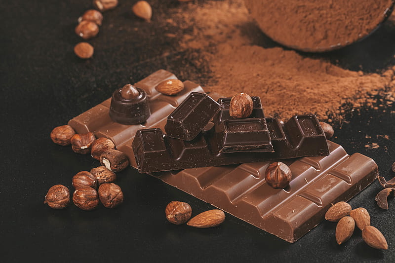 chocolate, nuts, cocoa, brown, HD wallpaper