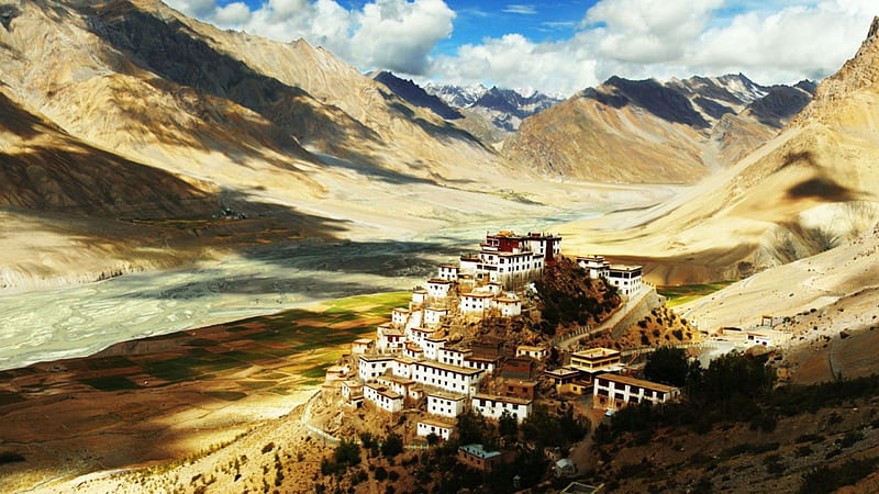 buddhist monastery atop a himalayan hill, mountains, village, clouds, hill, monastery, valley, HD wallpaper