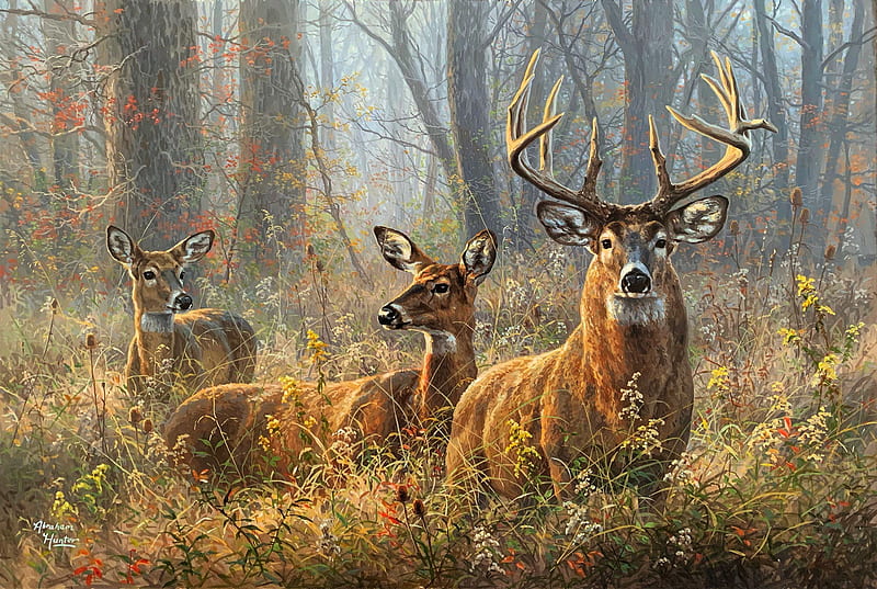 The Protector, forest, trees, artwork, deer, painting, HD wallpaper