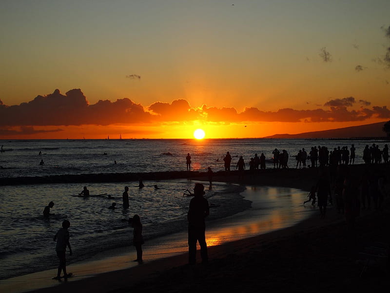 Nighttime in Waikiki Hawaii, Hawaii, dusk, hang out, surf, sea, Honolulu, beach, sand, oahu, party, evening, swimming, exotic, holiday, ocean, beach party, sun set, paradise, swim, island, tropical, HD wallpaper