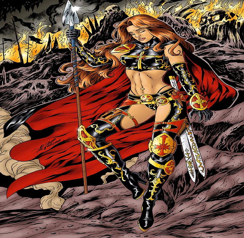 Magdalena 1, red, gold, swords, spear, black, woman, HD wallpaper