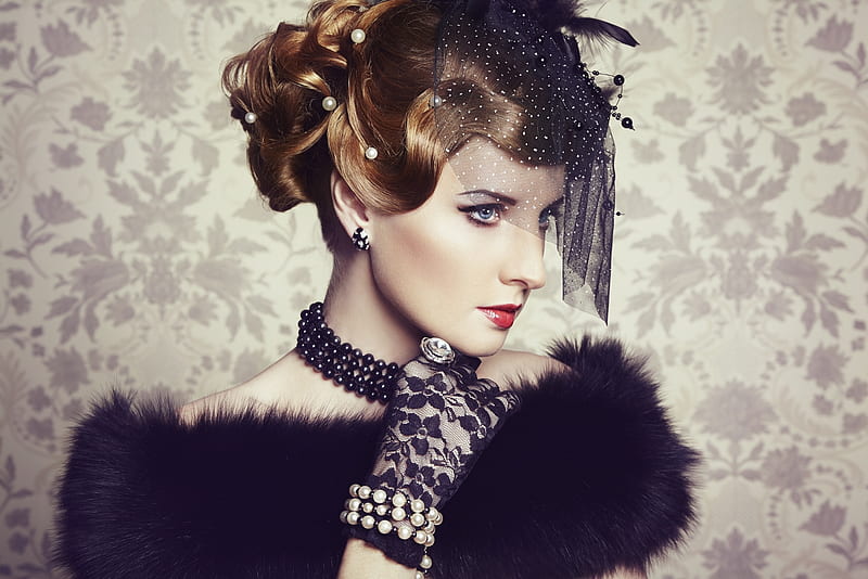 Beauty, model, veil, woman, hat, retro, gloves, girl, jewel, face, fur, vintage, HD wallpaper