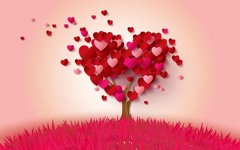 red heart, abstract tree, romance, valentine's day, romantic background, love concepts, HD wallpaper