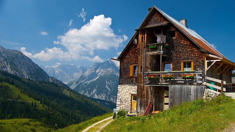 alpine chalet in summer, chalet, mountains, road, clouds, valley, HD wallpaper