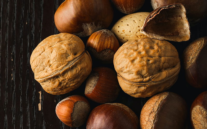 nuts, Walnut, hazelnuts, nuts on a wooden background, nuts concepts, HD wallpaper