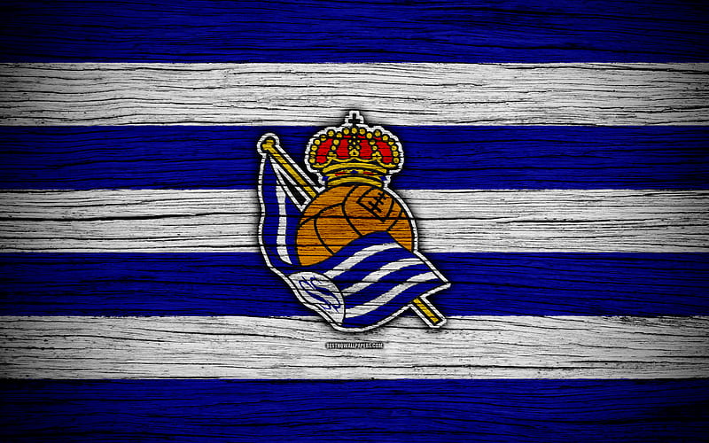 FC Real Sociedad Spain, LaLiga, wooden texture, soccer, Real Sociedad, football club, La Liga, Real Sociedad FC, HD wallpaper