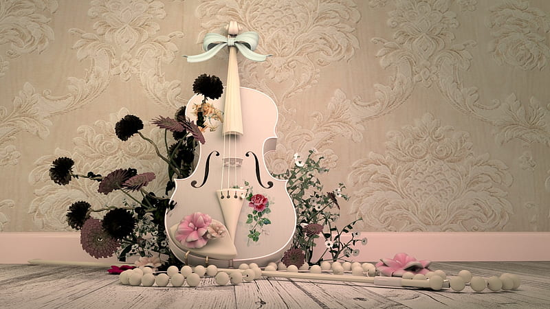 Violin, necklace, rose, alrun steiner, pearl, instrument, flower, white, pink, HD wallpaper
