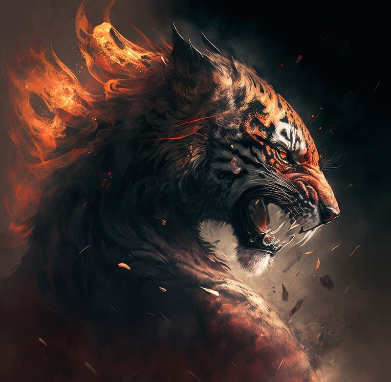 Spirit of fury, art, fantasy, tiger, krustybel, tigru, fury, cat, spirit, pisici, fire, HD wallpaper