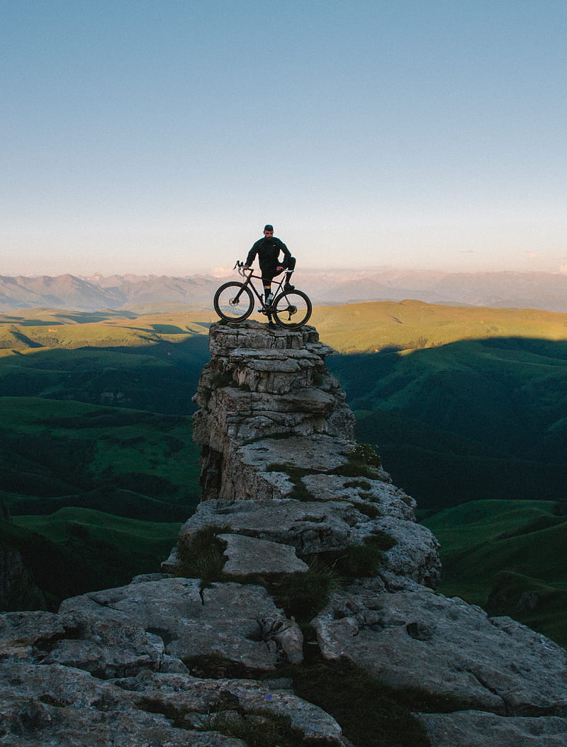 cyclist, bicycle, rock, peak, height, HD phone wallpaper