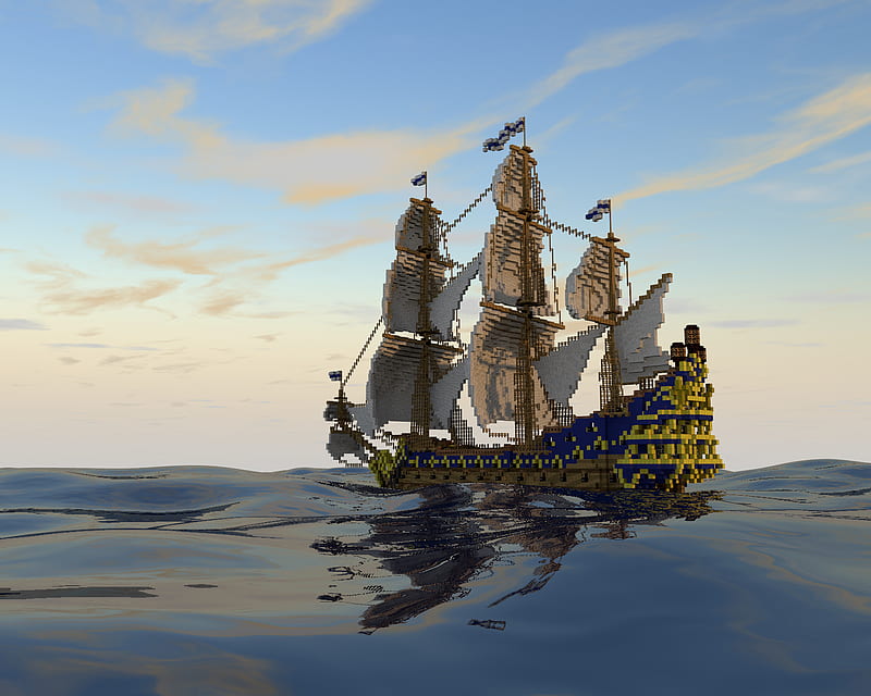 Blocky sailing, boat, galleon, game, minecraft, pirate, realistic, sea, HD wallpaper