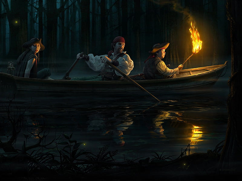 NIGHT BOATING, forest, art, man, lights, boating, fire, boy, boat, flame, girl, river, reflection, night, HD wallpaper