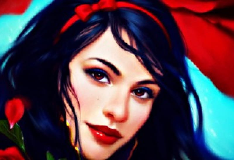 Snow White, red, rose, bow, woman, brunette, fantasy, girl, flower, petals, face, princess, blue, HD wallpaper