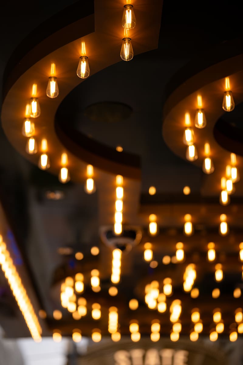 light bulbs, light, bokeh, blur, ceiling, HD phone wallpaper