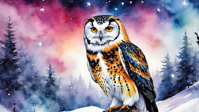 Owl on the tree branch, nezes, szines, bagoly, tel, szabadban, festes, fak, taj, ules, havas, ho, HD wallpaper