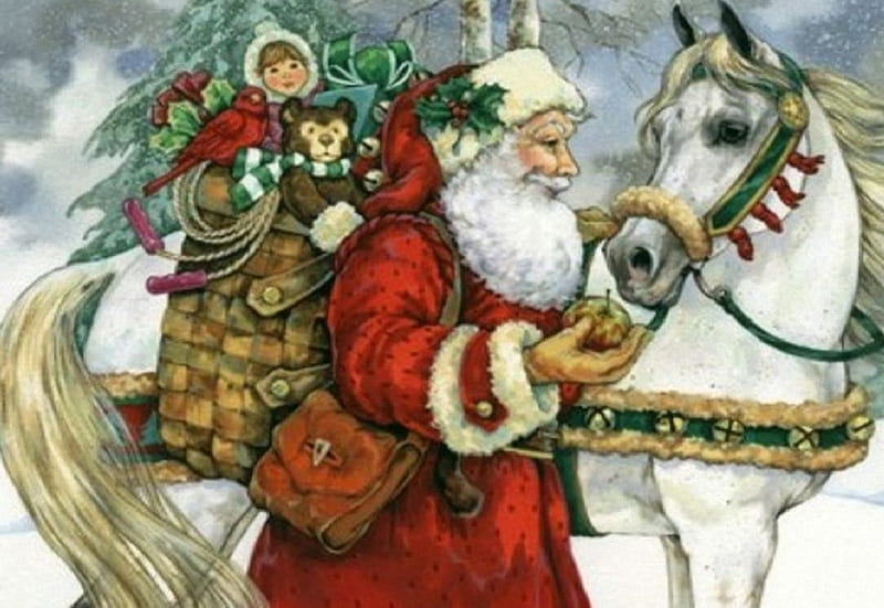 Santa And Horse, santa, christmas, snow, horse, sack, toys, HD wallpaper