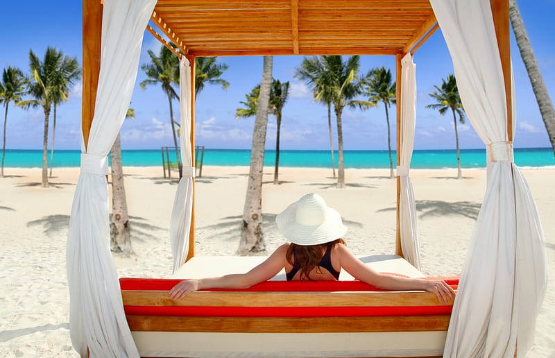 Beautiful View, ocean, curtains, women, bed, palm trees, sea, beach, sand, beauty, gazebo, HD wallpaper