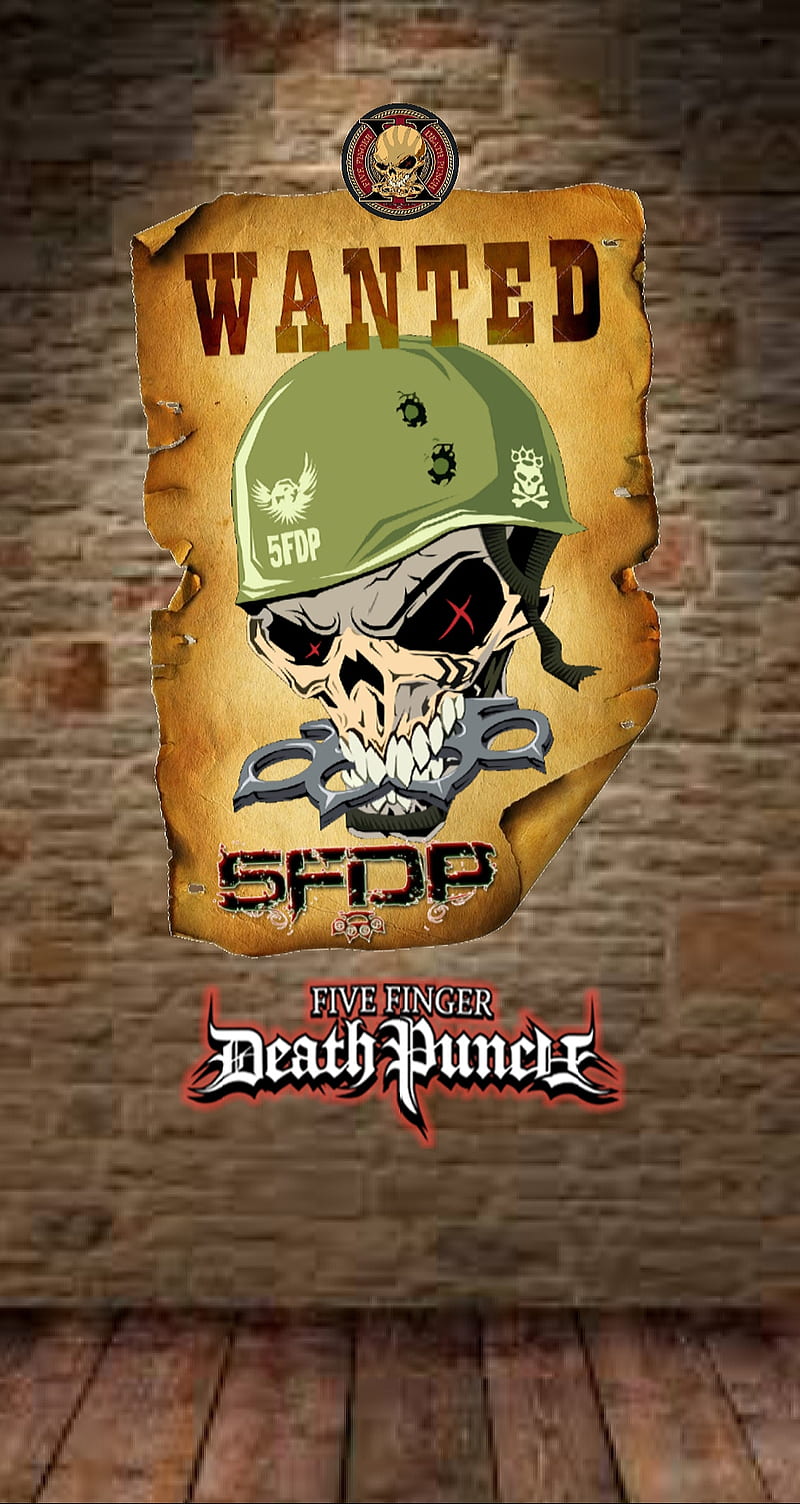 Wanted Poster, five finger death punch, 5fdp, 5 finger death punch, heavy metal, skull, helmet, brass knuckles, band, brick wall, wood floor, HD phone wallpaper