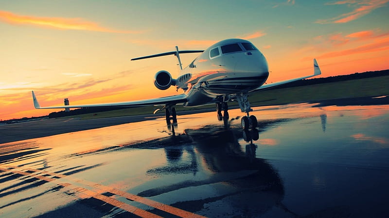 private jet plane on a wet tarmac, private, plane, wet, tarmac, dusk, jet, HD wallpaper
