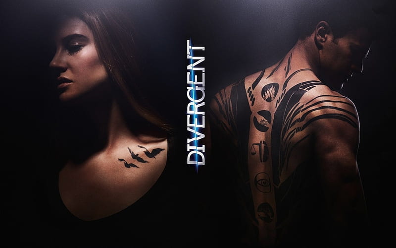 Divergent (2014), movie, Theo James, woman, fantasy, actress, love, couple, poster, divergent, tattoo, black, man, tris, girl, four, Shailene Woodley, actor, HD wallpaper