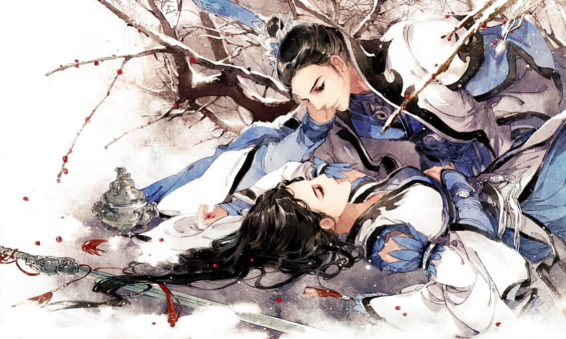 Couple, lovers, snow, Art, Ibuki Satsuki, winter, HD wallpaper