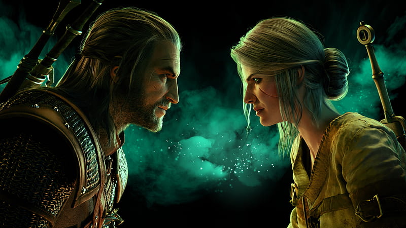Geralt and Ciri, the witcher, geralt, fantasy, green, game, ciri, couple, HD wallpaper