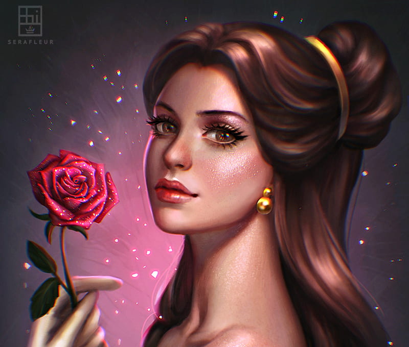 Belle, fanart, art, beauty and the beast, luminos, rose, woman, fantasy ...