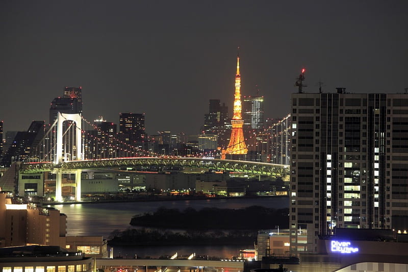 Odaiba Night, japanese, odaiba, japan, city, bridge, tokyo, island, scenery, night, HD wallpaper