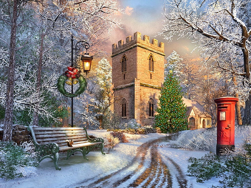 The Old Church at Christmas, art, snow, digital, bench, village, road, trees, winter, HD wallpaper