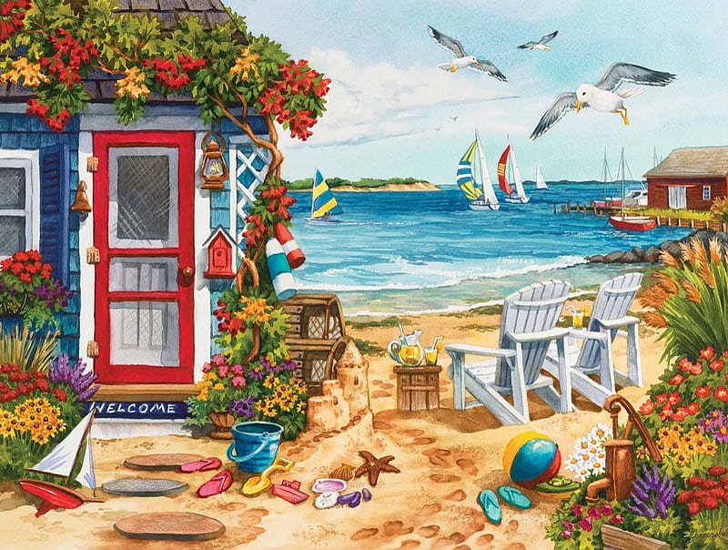 Summer Beach House, fun, house, beach, summer, puzzle, sea, HD wallpaper