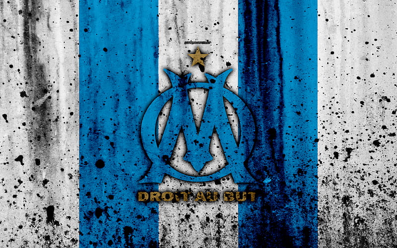 FC Olympique Marseille logo, Ligue 1, stone texture, Olympique Marseille, grunge, soccer, football club, metal texture, Liga 1, Olympique Marseille FC, HD wallpaper