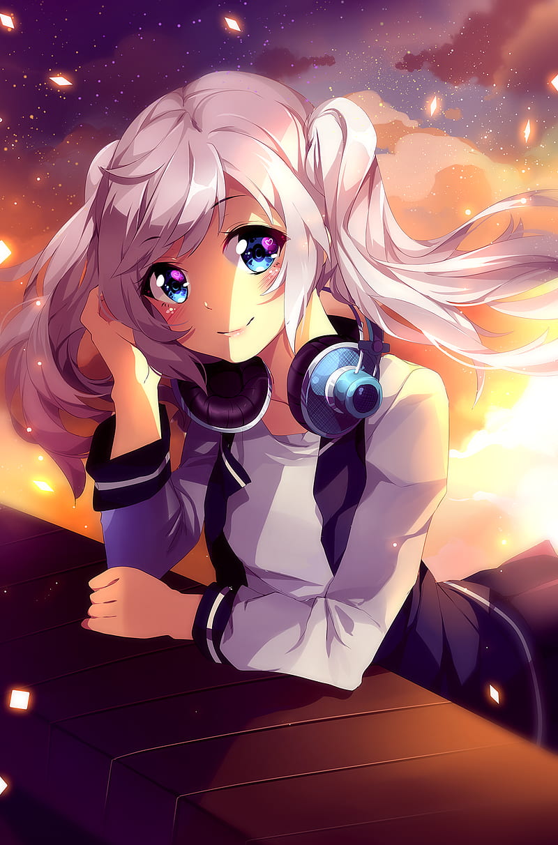 Anime Girl With Brown Hair And Blue Eyes And Headphones
