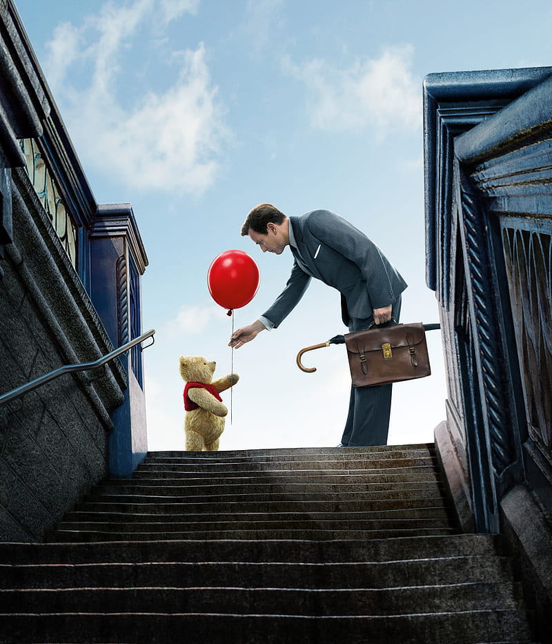 Christopher Robin, disney, red balloon, winnie the pooh, HD phone wallpaper