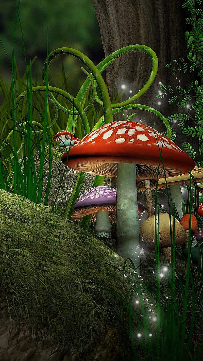 Mushrooms, art, green, mushroom, purple, red, HD phone wallpaper