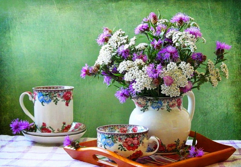 Beautiful autumn moments, autumn, vase, bonito, tea, floral, still life, two, wild, flowers, porcelain, quiet, moments, model, purple, cup, simple, nature, white, HD wallpaper