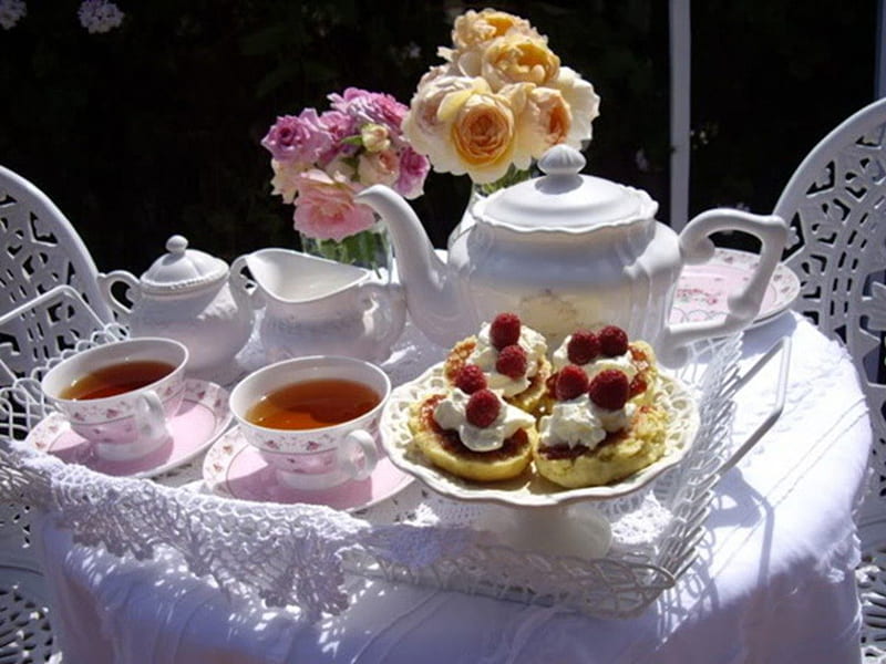 breakfast in the garden, cover, table, cakes, coffee, HD wallpaper