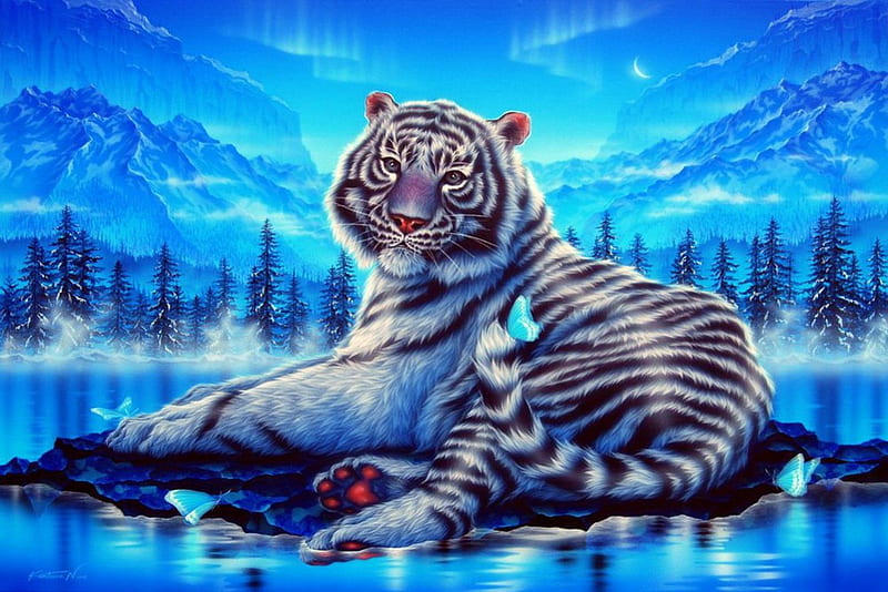 The king of forest, king, forest, art, bonito, tiger, trees, cat, sky,  animal, HD wallpaper | Peakpx