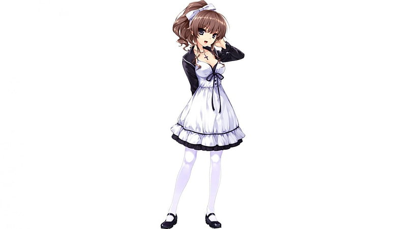 Hello There, ponytail, lovely, girl, brown hair, anime, black shoes, white dress, HD wallpaper
