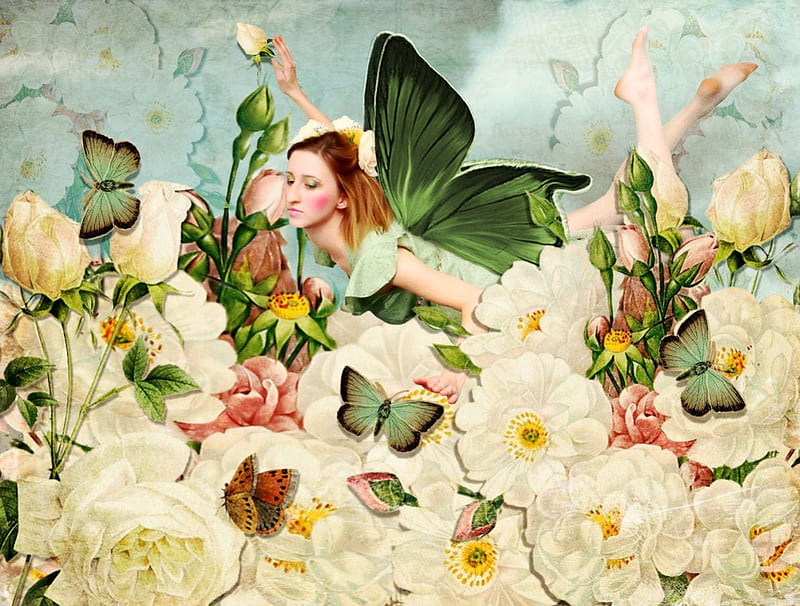 **Above the Flowers**, pretty, wonderful, women, sweet, fantasy, flutter, butterfly, splendor, love, flowers, pollen, wings, lovely, scent, softness, cool, colorful, manipulantion, bonito, fragrance, digital art, leaves, girls, gorgeous, animals, amazing, female, colors, butterflies, roses, magical, tender touch, petals, HD wallpaper