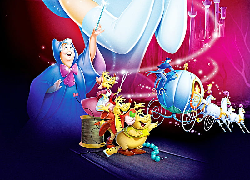 Cinderella (1950), poster, movie, cinderella, animation, mouse, fairy godmother, pink, disney, blue, HD wallpaper