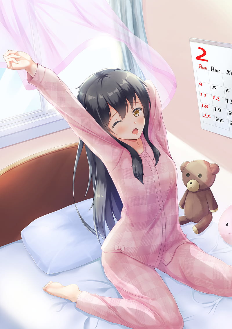 girl, pajamas, bed, morning, anime, art, cartoon, HD phone wallpaper