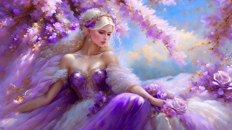 Lilac Beauty, lilac, woman, art, , girl, lamamake art, serene, elegant, purple, digital, lady, fantasy, flowers, HD wallpaper