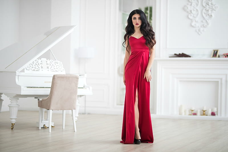 Kristina Romanova in Red, brunette, model, piano, gown, HD wallpaper