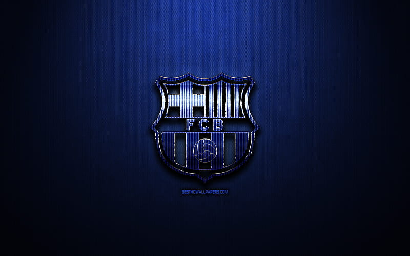 Barcelona FC, blue metal background, LaLiga, spanish football club, FCB, fan art, Barcelona logo, La Liga, football, soccer, FC Barcelona, Spain, HD wallpaper